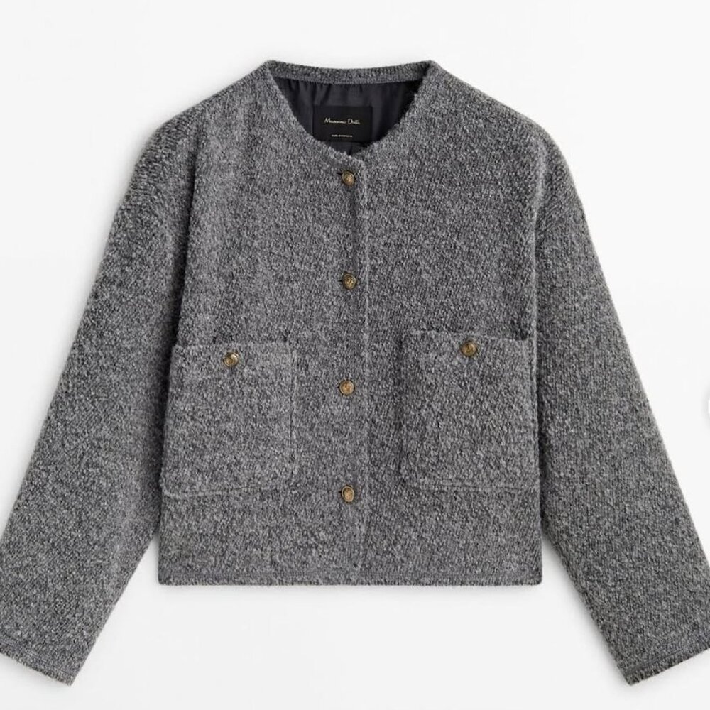 Massimo Dutti Drop Shoulder Textured Gold Button Jacket